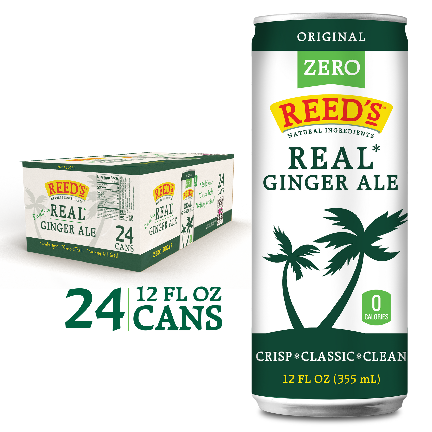 Reed's Zero Sugar Real Ginger Ale can and box displayed with an emphasis on natural ingredients