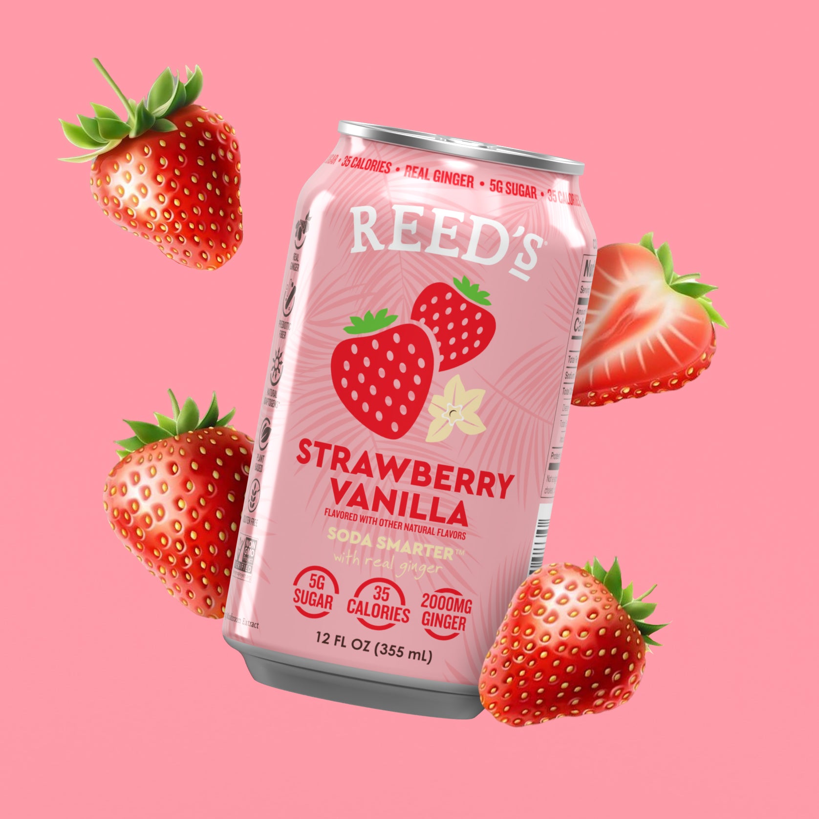 Reed's Strawberry Vanilla multifunctional soda on a pink background surrounded by strawberries