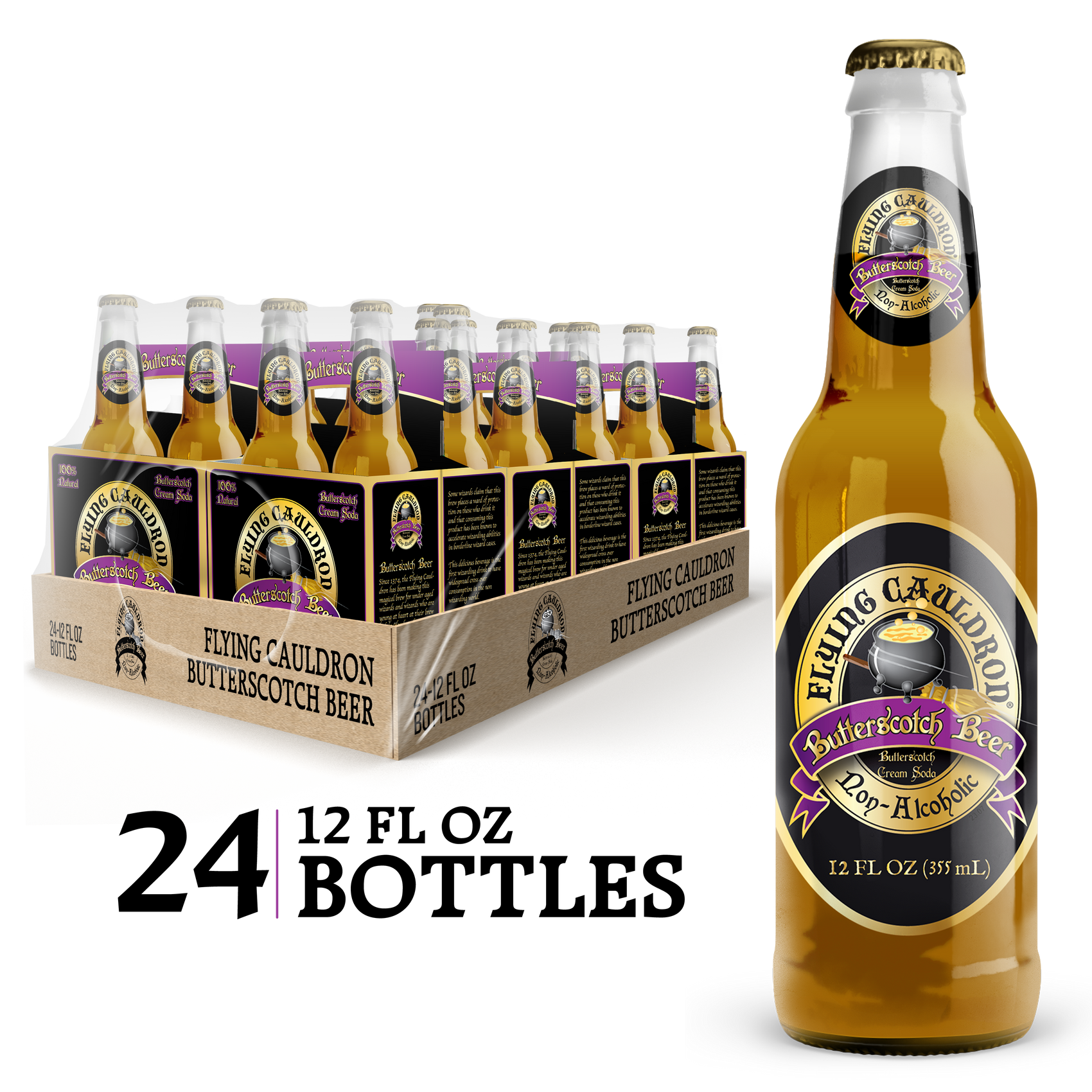 Flying Cauldron Butterscotch Beer Soda with 24 bottles, with a single bottle displayed next to it.