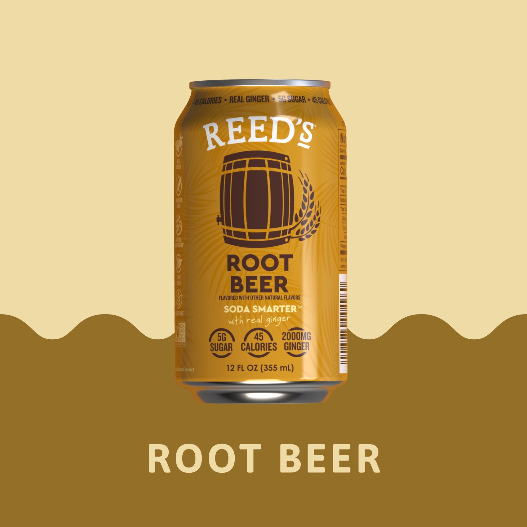 Reed's Root Beer multifunctional soda on a light and dark brown wavy background with 'Root Beer' written in light brown