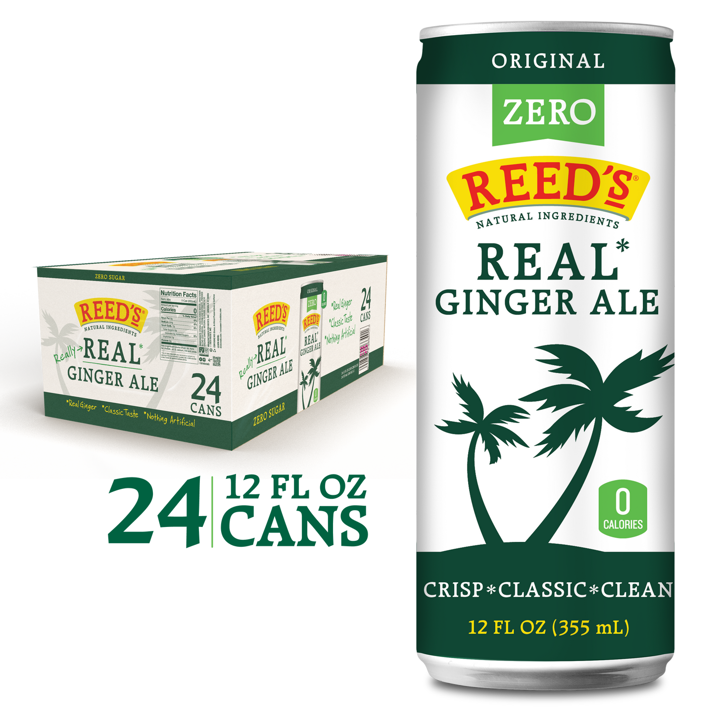 Reed's Zero Sugar Real Ginger Ale can and box displayed with an emphasis on natural ingredients