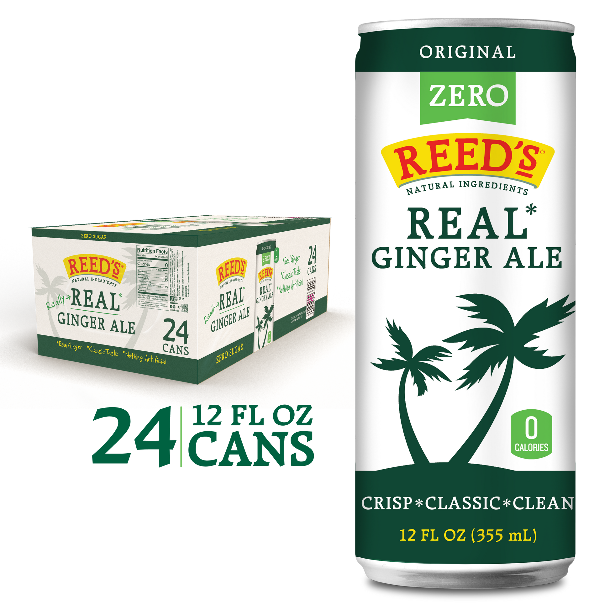 Reed's Zero Sugar Real Ginger Ale can and box displayed with an emphasis on natural ingredients