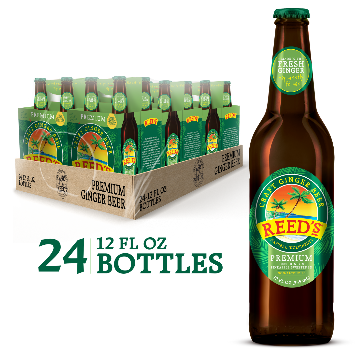 Reed's Premium Ginger Beer pack with 24 bottles, a single bottle displayed next to it, highlighting natural ingredients, including honey and pineapple