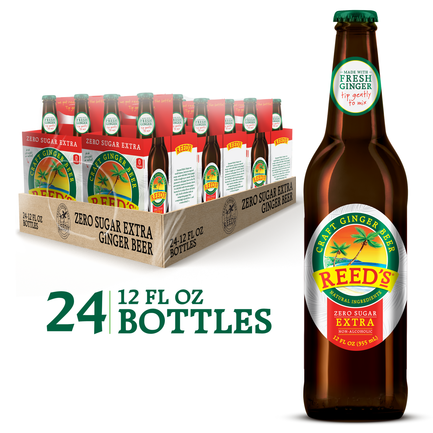 Reed's Zero Sugar Extra Ginger Beer glass bottle and 24 pack of glass bottles in a cardboard box