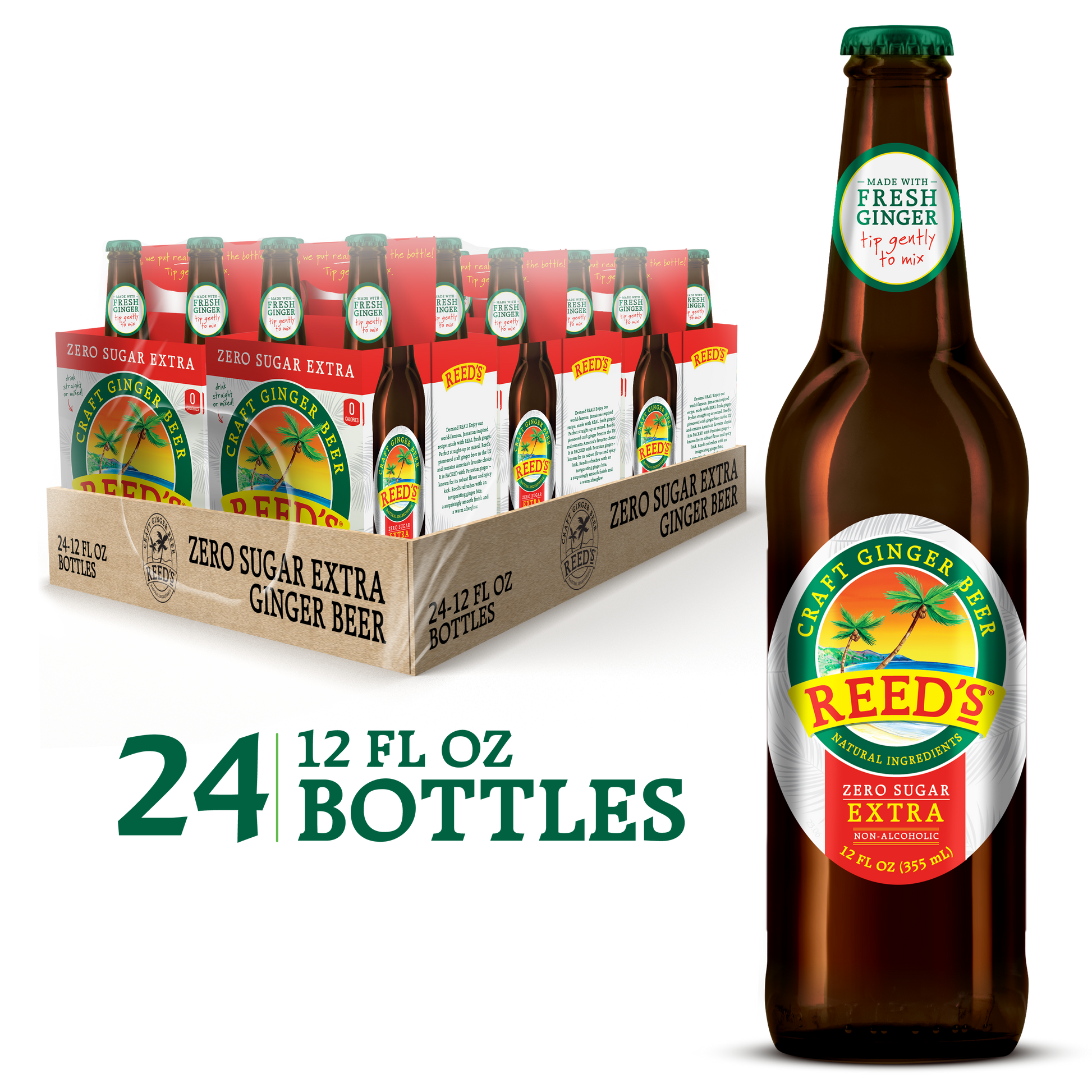 Reed's Zero Sugar Extra Ginger Beer glass bottle and 24 pack of glass bottles in a cardboard box
