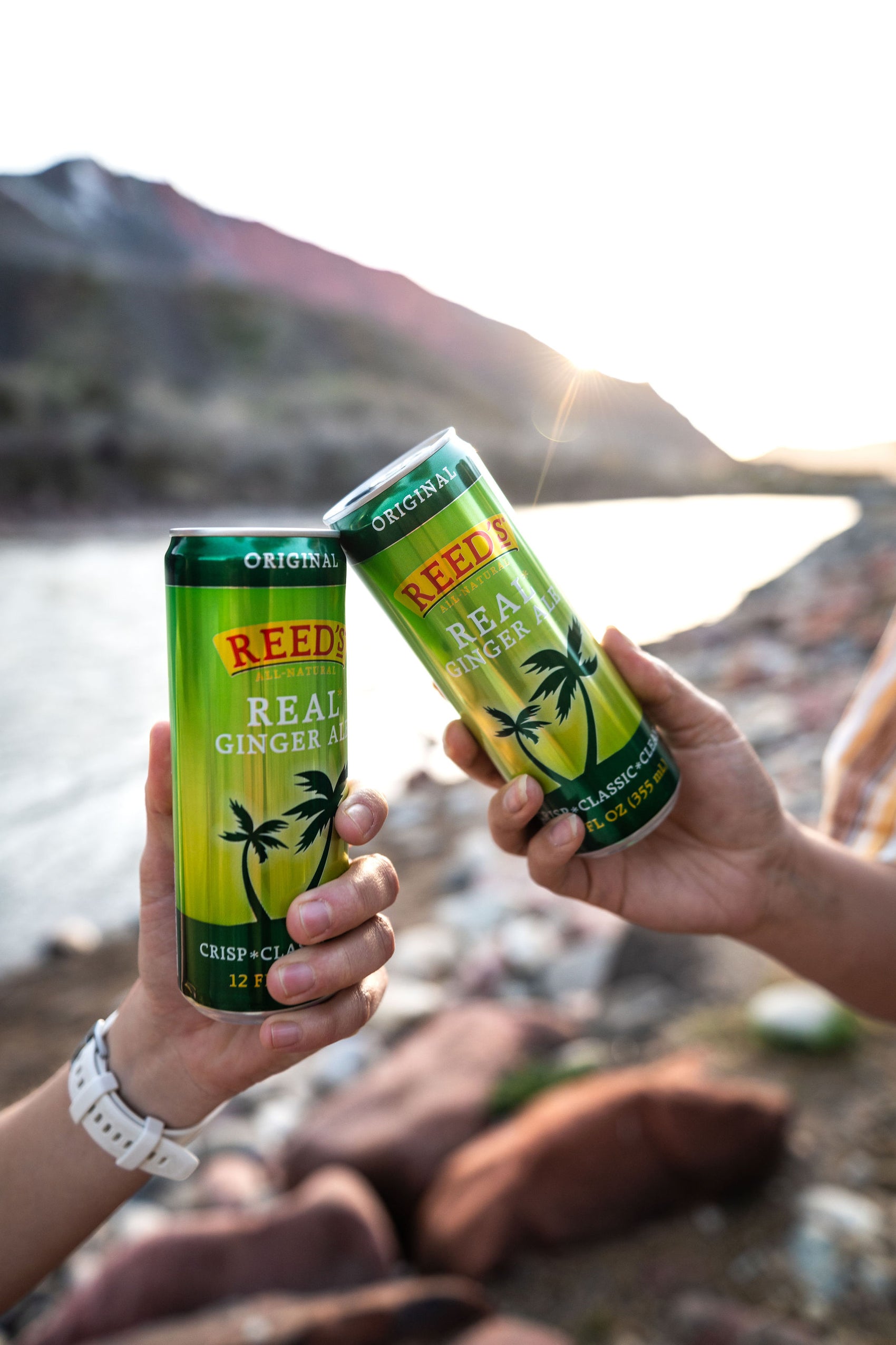 People holding cans of Reed's Real Ginger Ale in front of a body of water and a mountain.