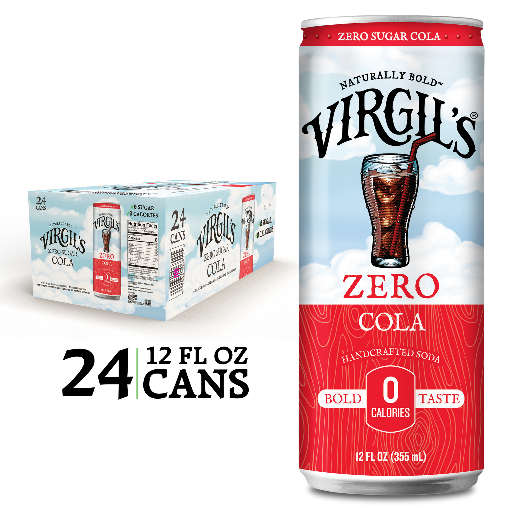 Virgil's Zero Sugar Cola Soda pack with 24 slim cans, with a single slim can displayed next to it.