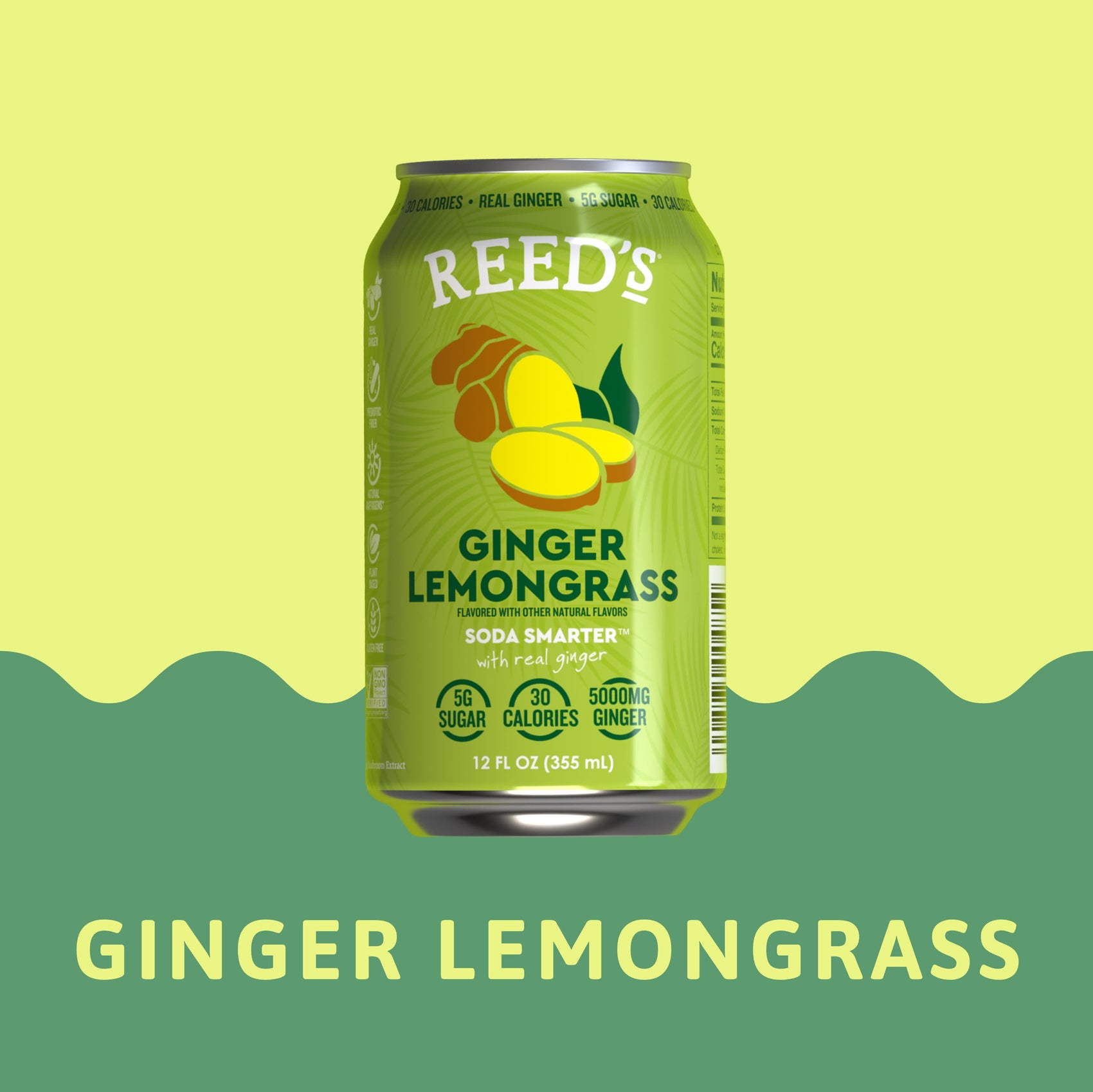 Reed's Ginger Lemongrass multifunctional soda on a light and dark green wavy background with a 'Ginger Lemongrass' written in light green