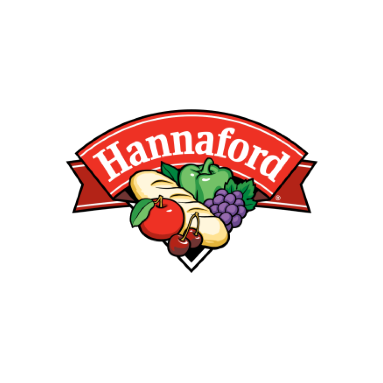 Hannaford supermarket logo: red banner with white text 'Hannaford,' below it illustrations of bread, green bell pepper, grapes, red apple, and cherries.
