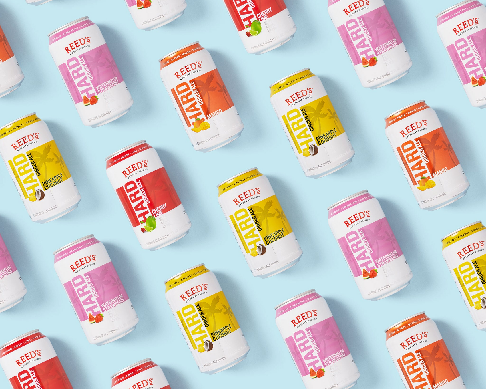 Cans of Reed's Hard Ginger Ale on a blue background.