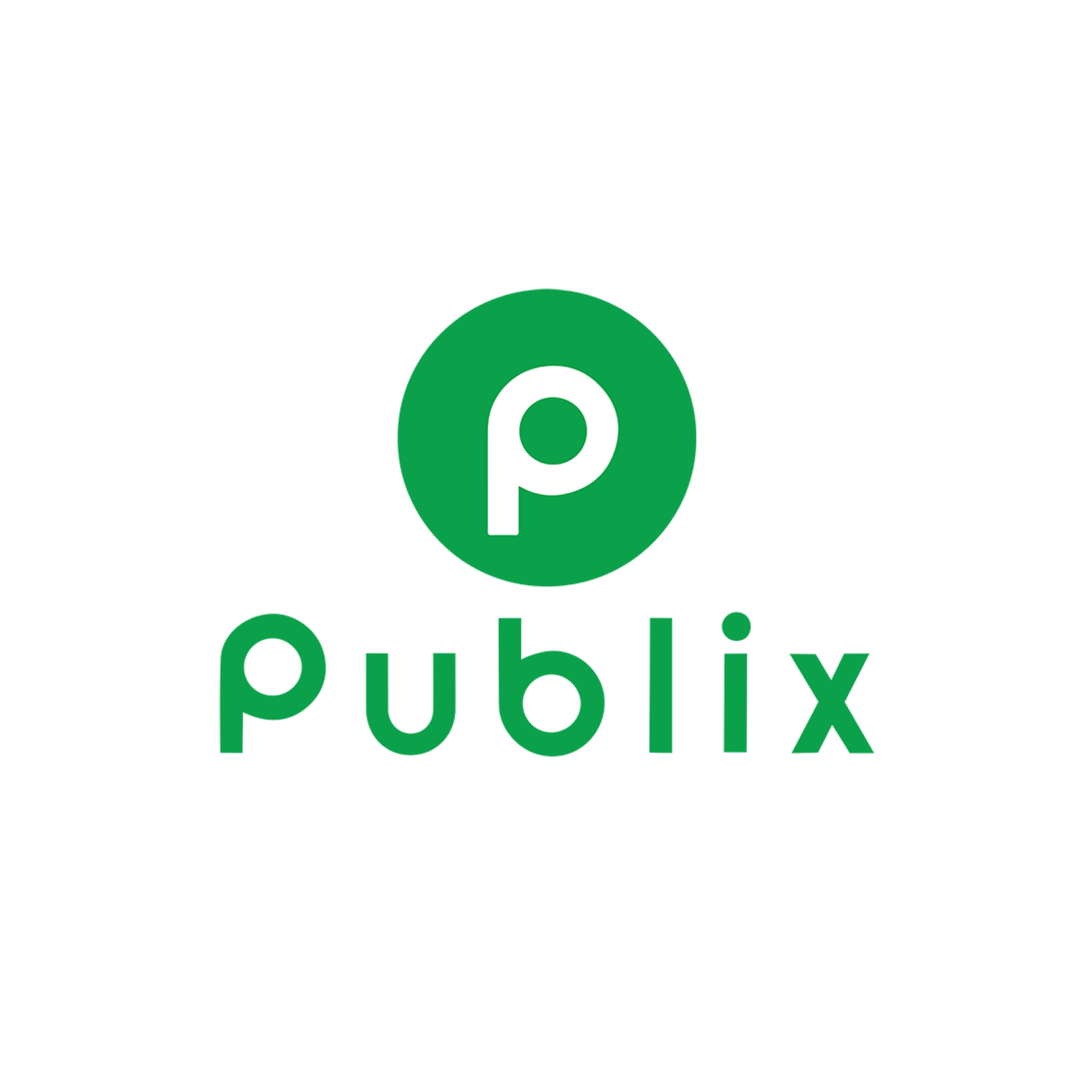 Publix logo: green circle with a white lowercase 'p,' and 'Publix' written below in lowercase green letters with a trademark symbol.