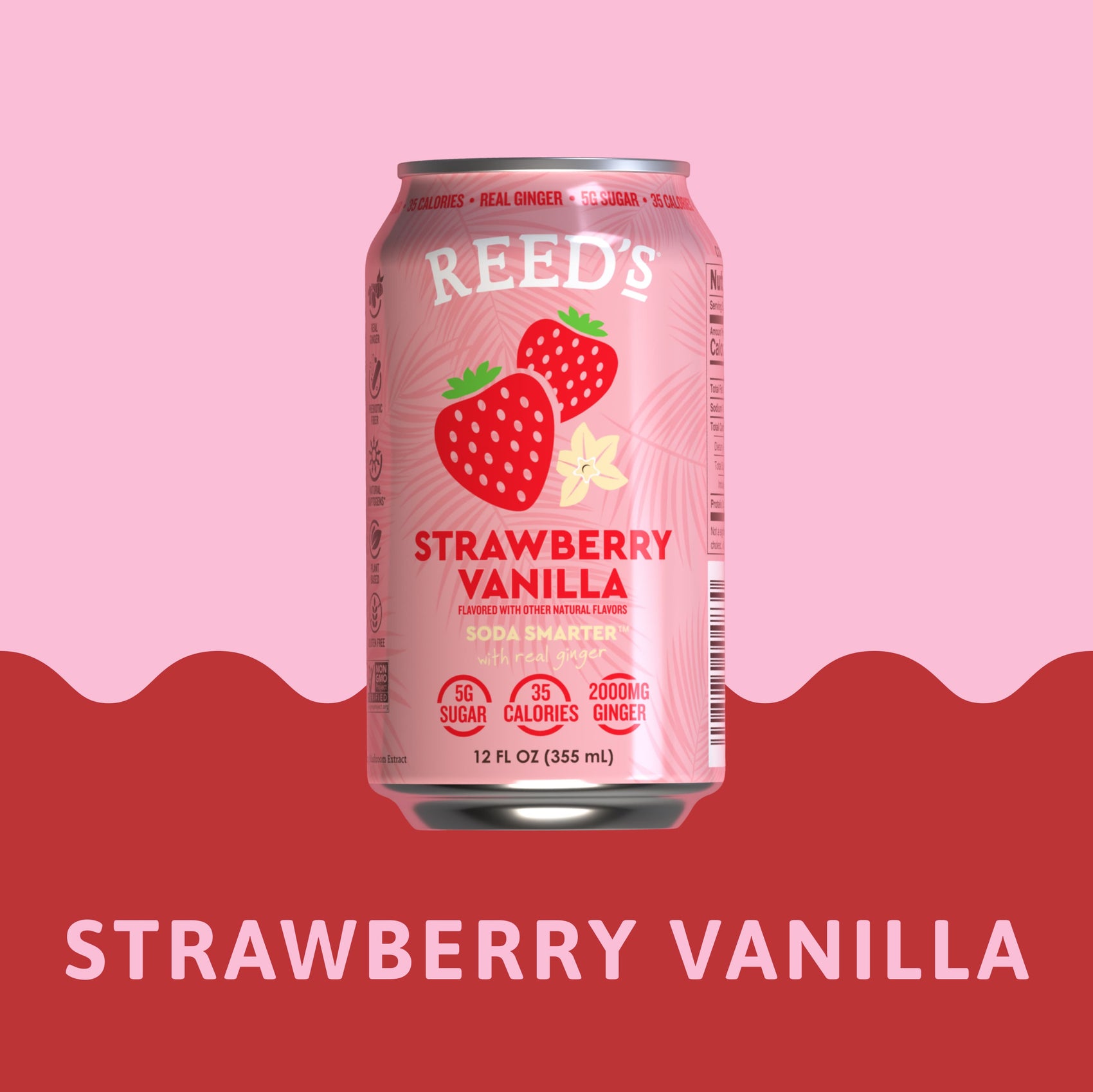 Reed's Strawberry Vanilla multifunctional soda on a light pink and red wavy background with 'Strawberry Vanilla' written in pink.